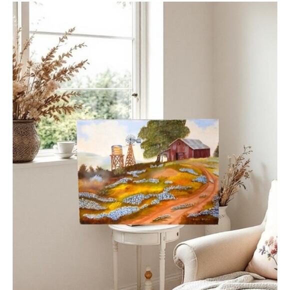 Oil Painting Canvas Barn Windmill Country 16x12 Hills Landscape by Lorine Bryan - Picture 4 of 13